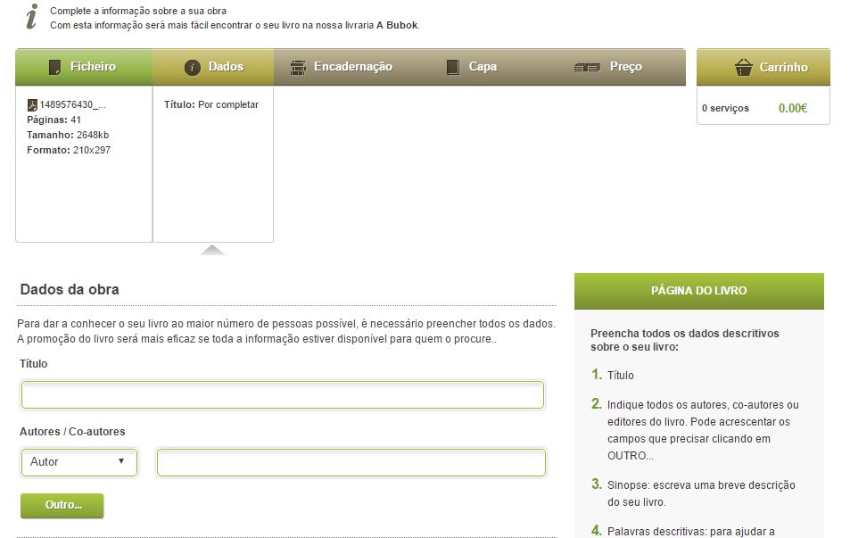 Como publicar na Bubok, terceiro passo: Dados do seu livro